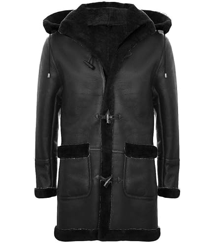 TruClothing Mens Black Real Leather Duffle Jacket Coat Toggle